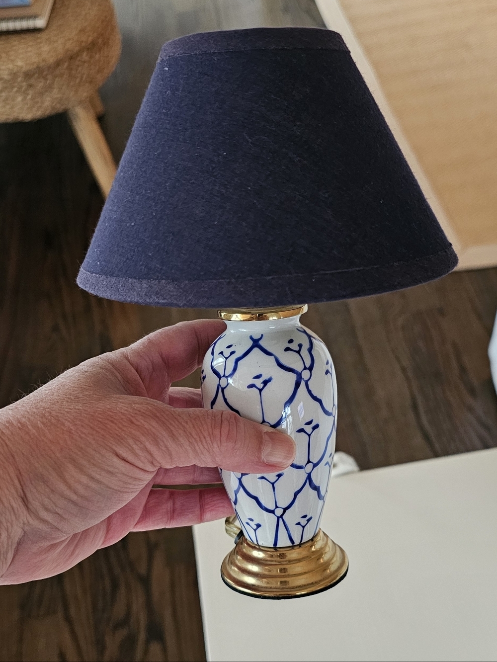 Mini Navy Blue Ceramic Table Lamp with Gold Base - Picture 2 of 3